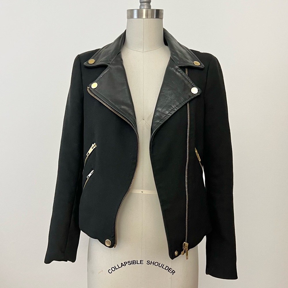 ZARA Black Moto Leather Combo Fabric Asymmetrical Zip Jacket w/ Gold Hardware S